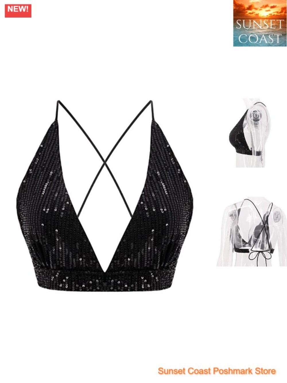 Sequin Crop Top V Neck Tank Bustier Cami Dance Top Clubwear
